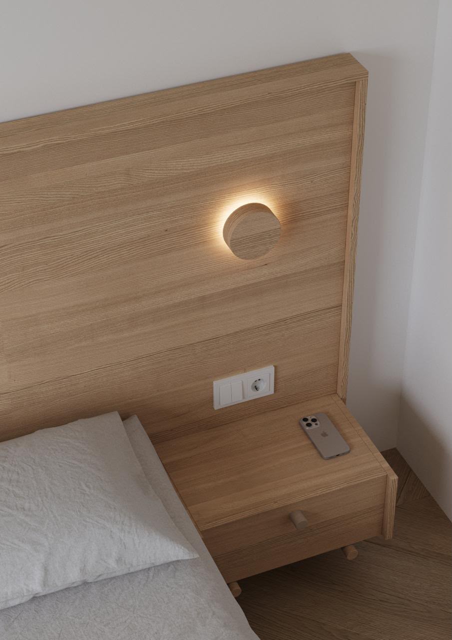 Light wood bed headboard and nightstand for a student room