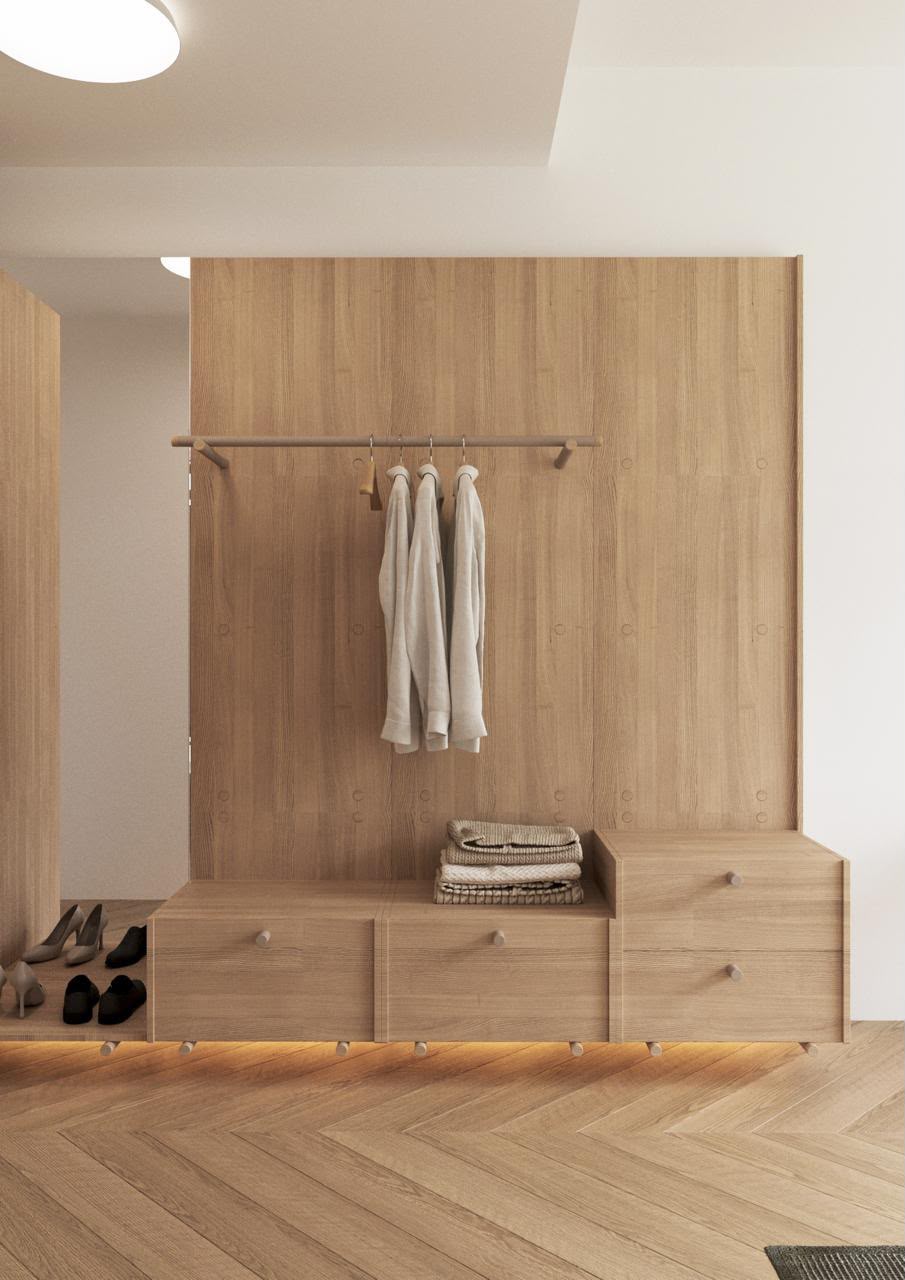Light wood wall storage and bench for dormitory organization