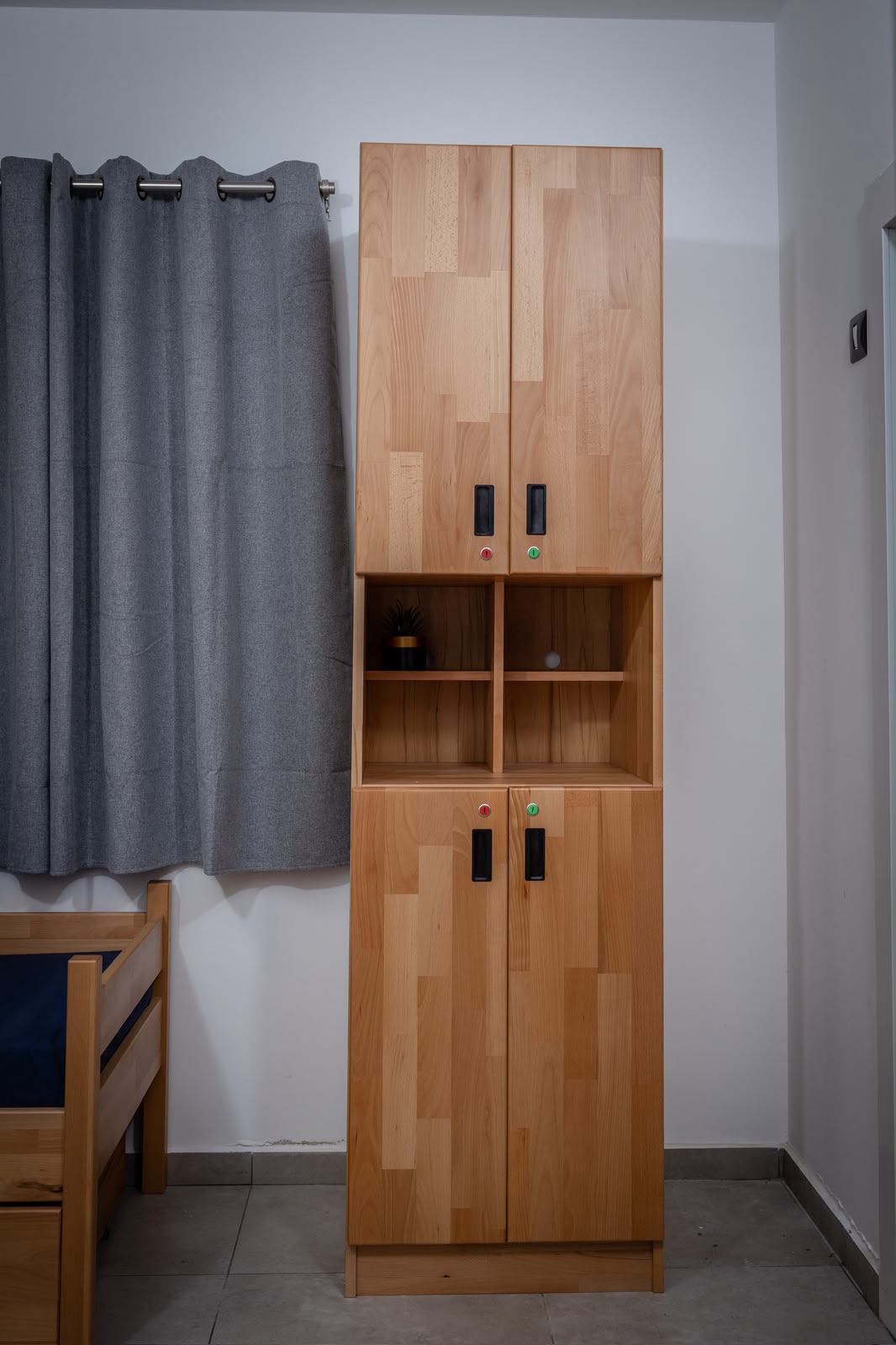 Tall natural wood wardrobe for student personal storage