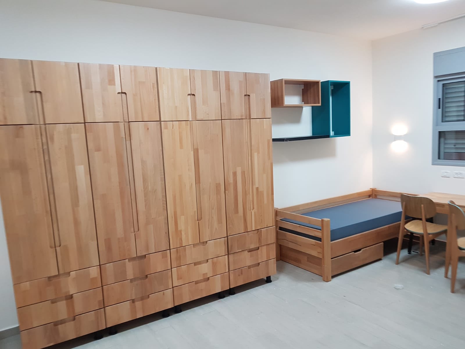 Warm wood dormitory wardrobes with bed and study desks