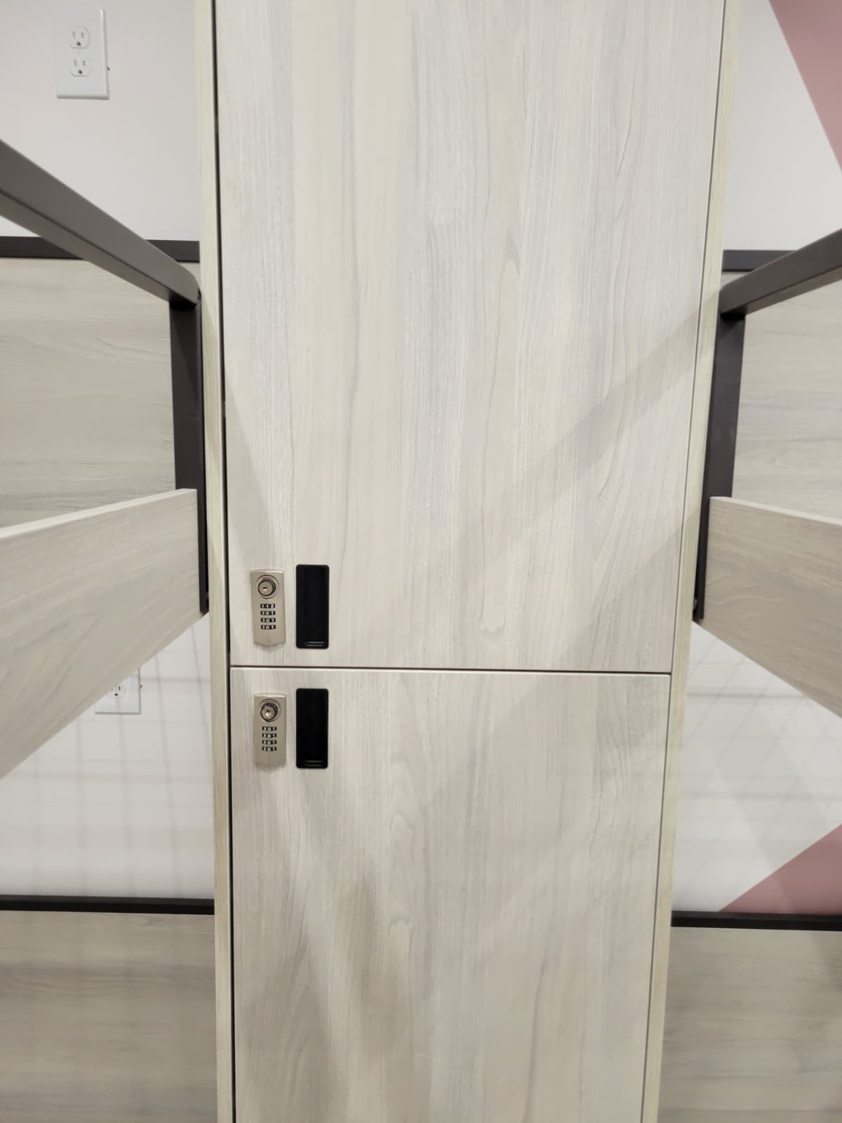 White and wood wardrobe detail beside a bunk bed